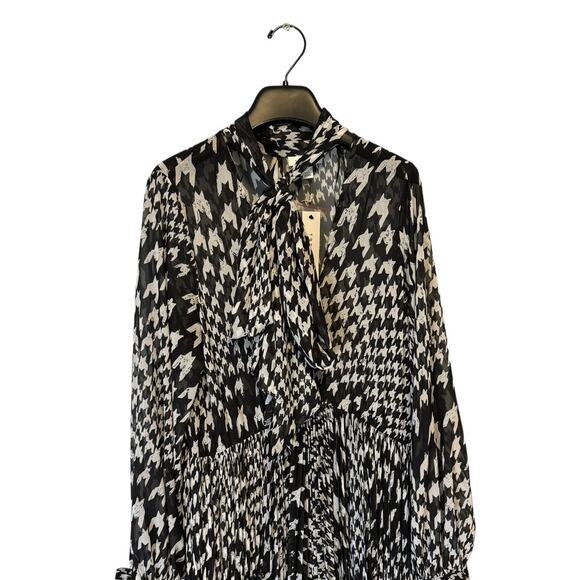 Topshop Black and White Houndstooth Tie Neck Semi Sheer Flowy Midi Dress Size 8 - Picture 8 of 13